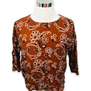 Voloshin Blouse Top Womens Small Brown Beige Floral Cotton 3/4 Sleeve Crew Neck